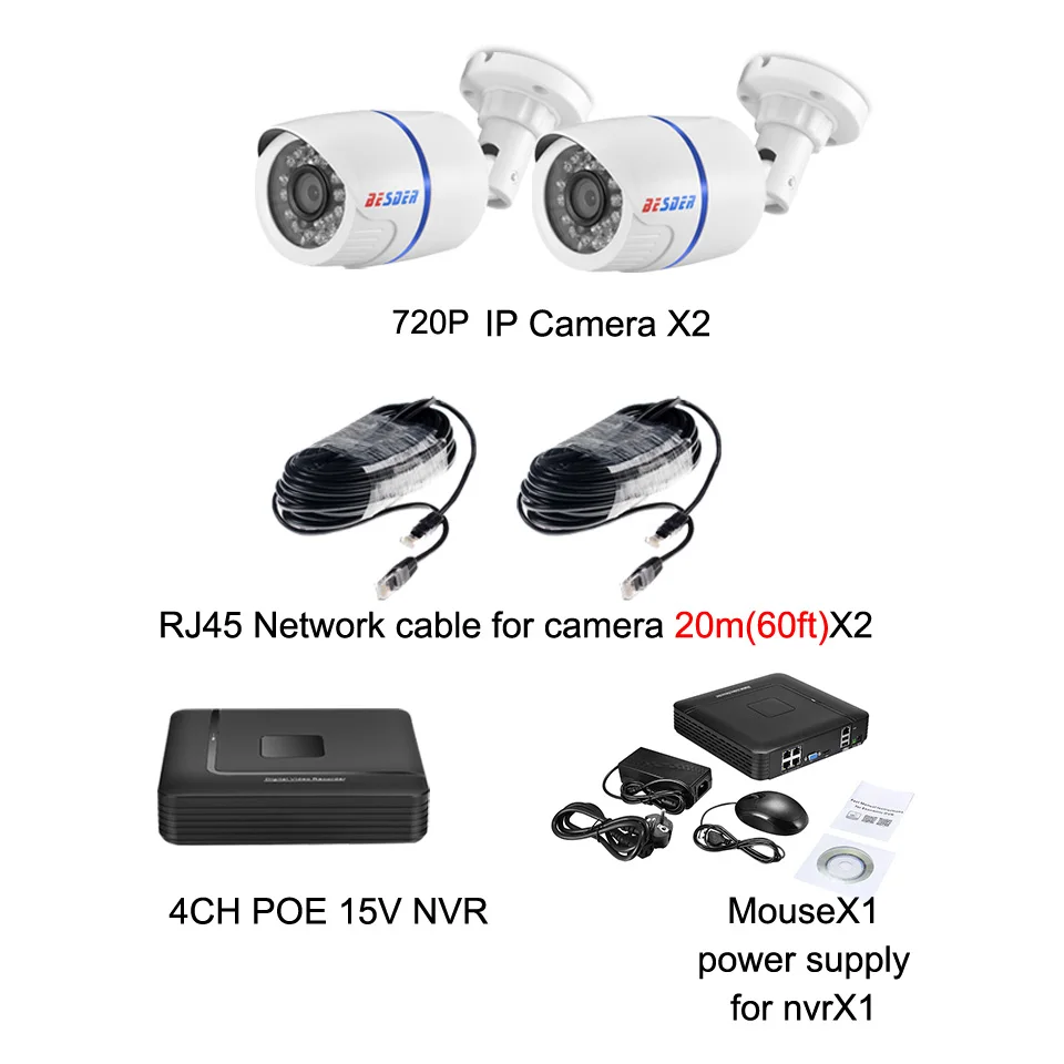 Besder 720P PoE Комплект видеонаблюдения 1.0MP Водонепроницаемый на открытом воздухе/Крытый PoE IP CCTV безопасности Системы 4CH POE 15V сетевому видеорегистраторУ 2/4 шт. IP Камера PoE P2P RTSP - Цвет: Бежевый