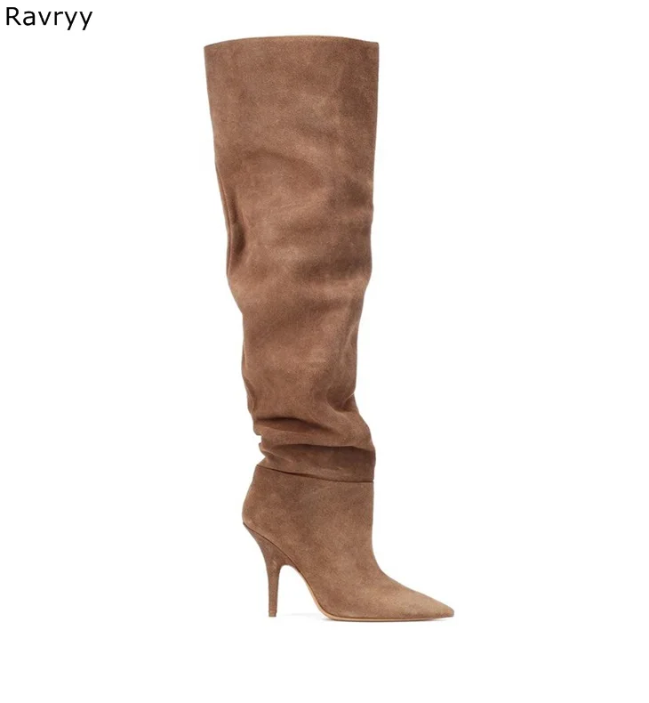 

Pleated Suede leather Woman long Boots pointed toe female over-the-knee boot thin heel motorcycle boot fashion party show Shoes