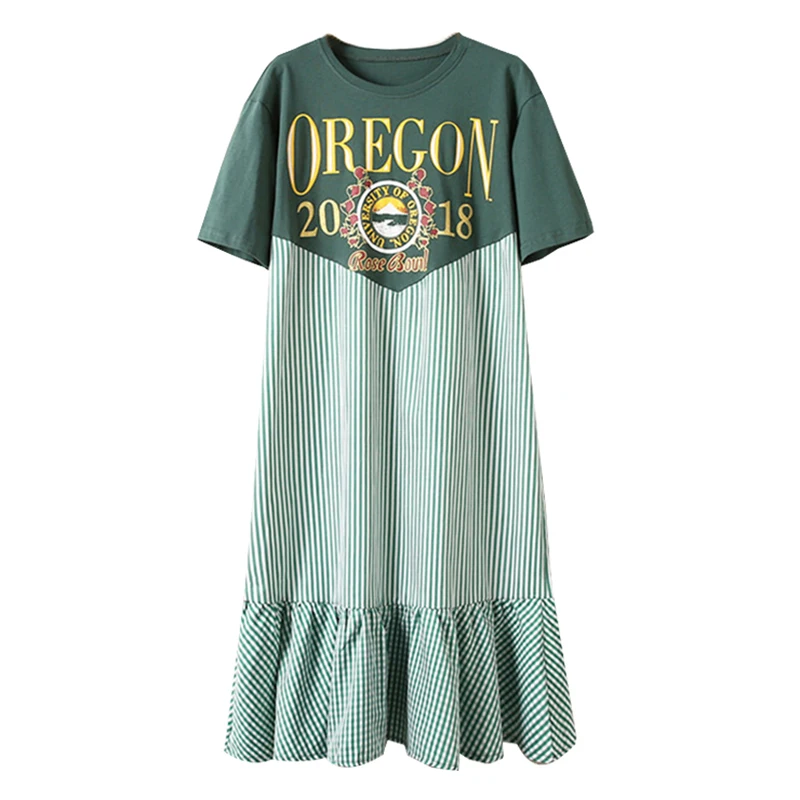 

PERHAPS U Green Red Letter Print Patchwork Striped Plaid O Neck Short Sleeve Midi Mermaid Dress Summer Ruffle Large Size D1431