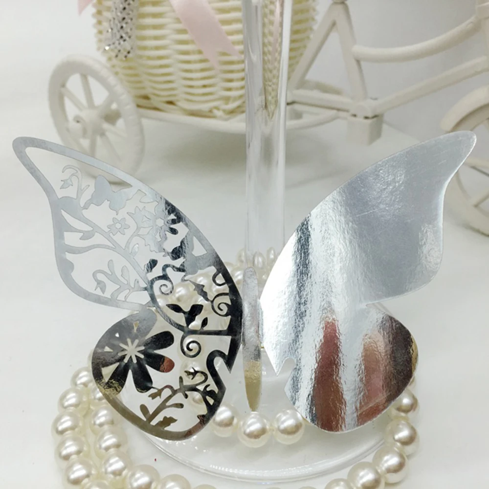 Reflective Silver 50 шт Свадебные Открытки блестящее серебряное/золотое/фиолетовое/зеленое в форме бабочки открытка на свадьбу, день рождения, вечеринку, винное стеклянное украшение для стола - Цвет: Reflective Silver