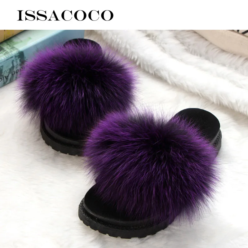 Purple ISSACOCO/женские шлепанцы из натурального Лисьего меха; женские нескользящие пушистые меховые тапочки; женские пушистые тапочки; милые плюшевые тапочки с лисьим мехом - Цвет: Purple