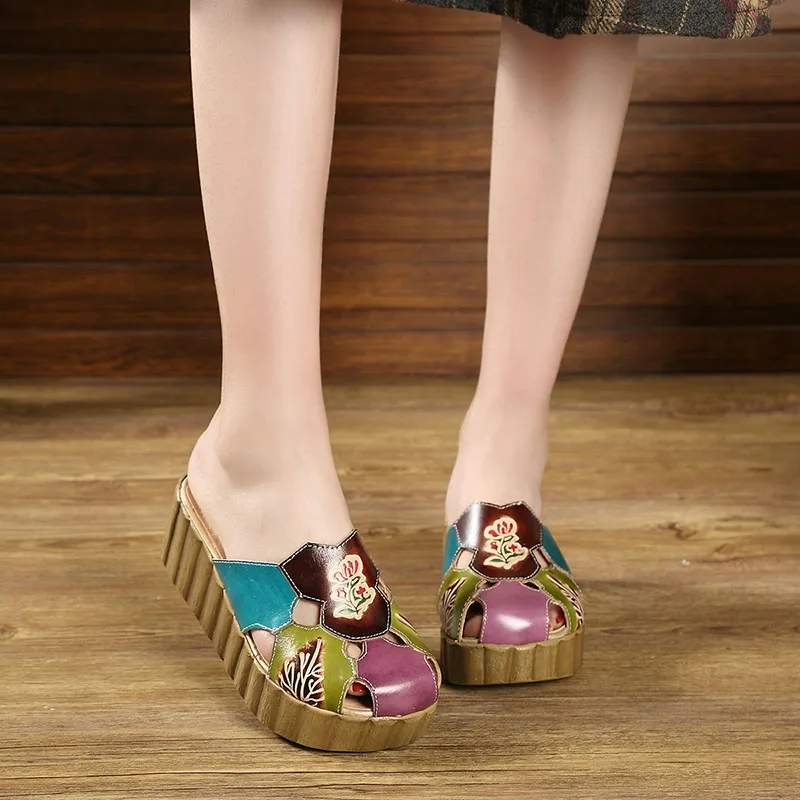 

2019 Platform Slides Shoes for Women Genuine Leather Cover Toes Floral Cut Out Female Wedges Slippers for 2019 Summer