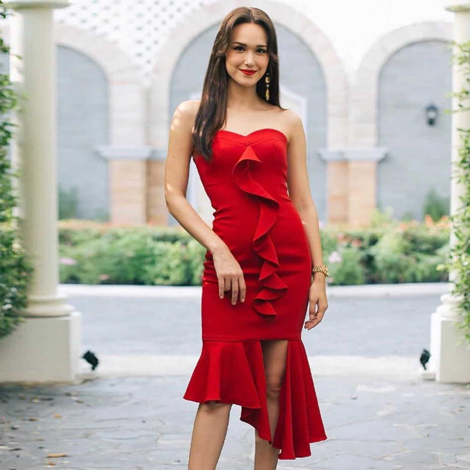 

DressBird женское летнее Бандажное облегающее вечернее платье платья пикантные без бретелек с оборками средней длины красная Клубная одежда же...