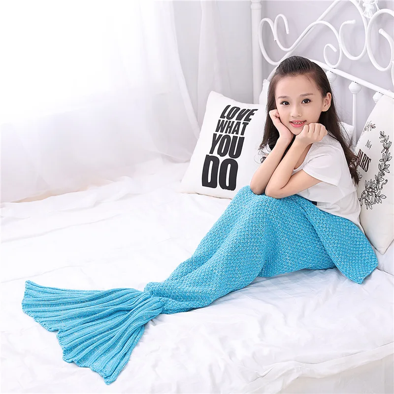 70x140cm Kids Funny Photo Pros Mermaid Tail Sofa Sleeping Blankets Yarn Knitted Handmade Crochet Mermaid Blanket For Children
