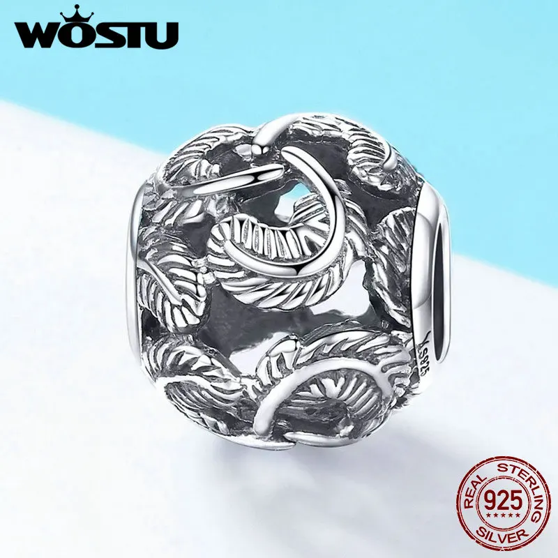 WOSTU, 925 пробы, серебряные, ажурные перья, шарм, подходит, браслет из бусин, сделай сам, браслет, винтажное ювелирное изделие, подарок CQC810