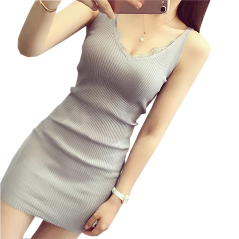

Summer 2018 Knit Dresses Fashion Lace Side Spaghetti Strap Slim Sexy Dress Fashion Mini V-neck Package Hip Tank Vestidos FP0441