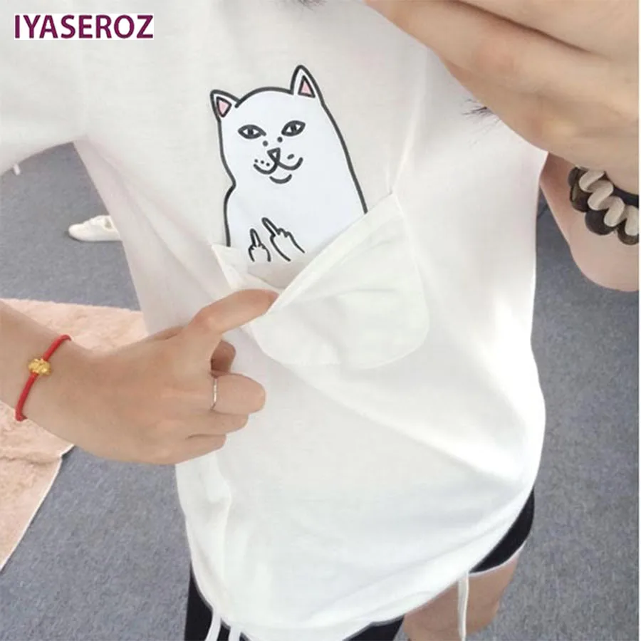 Женская футболка 2017 летняя стильная с принтом черный карман Кот Harajuku круглый