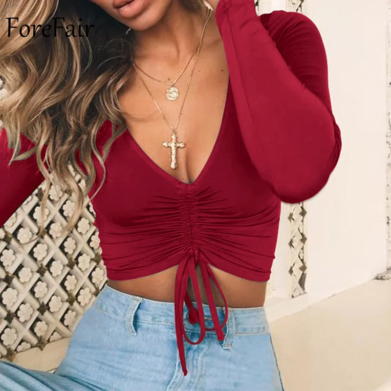 Burgundy Tops Forefair V образным вырезом сексуальное платье с длинным рукавом кроп-топы Для женщин осень с рюшами на шнуровке повседневные футболки черного цвета, уплотненные зимние рубашки Для женщин - Цвет: Burgundy Tops