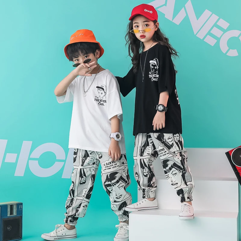

Kid Hip Hop Clothing Oversized Loose Running T Shirt Tops Cartoon Casual Pants Girls Boys Dance Costume Wear Ballroom Clothes