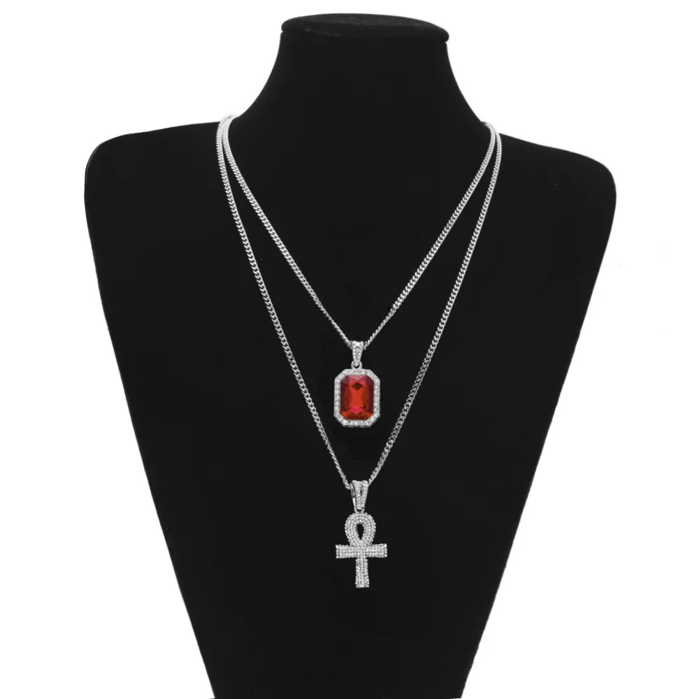 2 шт./компл. золото цвет для мужчин хип хоп bling iced out крест АНХ с мини драгоценный кулон ожерелья для мужчин 60 см длинные кубинской цепи хип