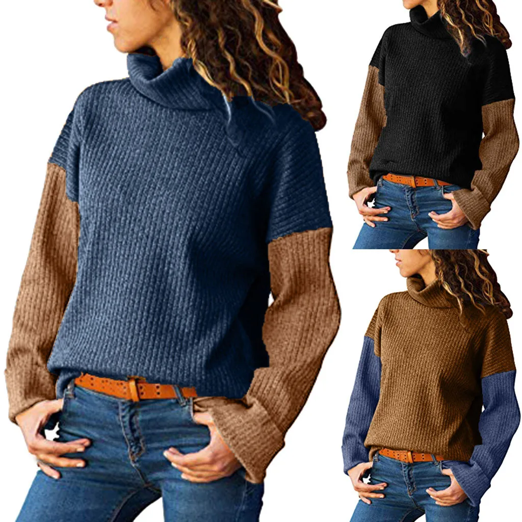 JAYCOSIN 2019 Women's sweater knitted turtleneck Color Matching Long-Sleeved Slim Sweater female Pullover Women hot sale | Женская