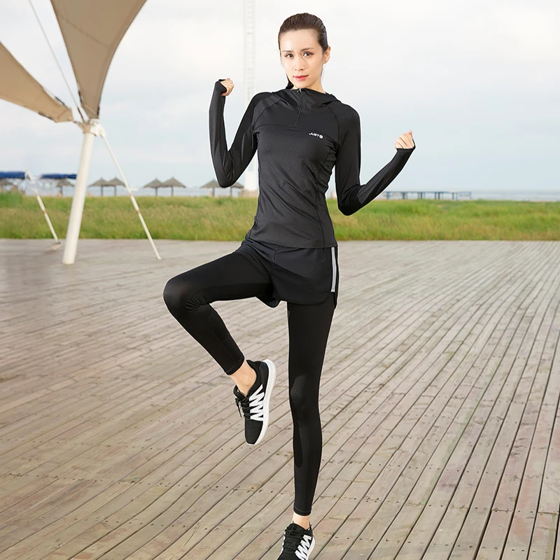 Женские спортивные костюмы, комплект для йоги, спортивный костюм, Однотонная рубашка с длинным рукавом и капюшоном+ бюстгальтер+ штаны, спортивный костюм для фитнеса, одежда для тренировок, женская спортивная одежда