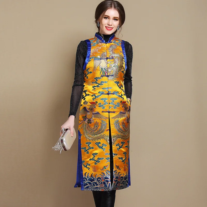 Китайский Для женщин феникс Qipao пальто осень-зима женский дракон куртка без рукавов жилет нарядные Кнопка Cheongsam блузка