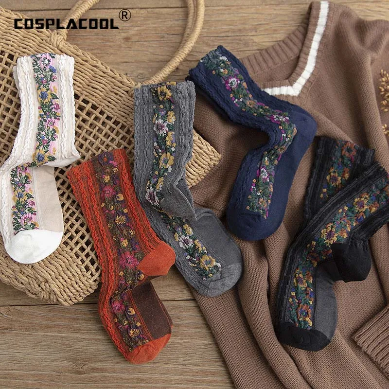 

[COSPLACOOL]Harajuku цветочный забавные Женские носочки теплый хлопковые милые носки искусство ручной работы творческие Skarpetki sofemale Calcetines Mujer