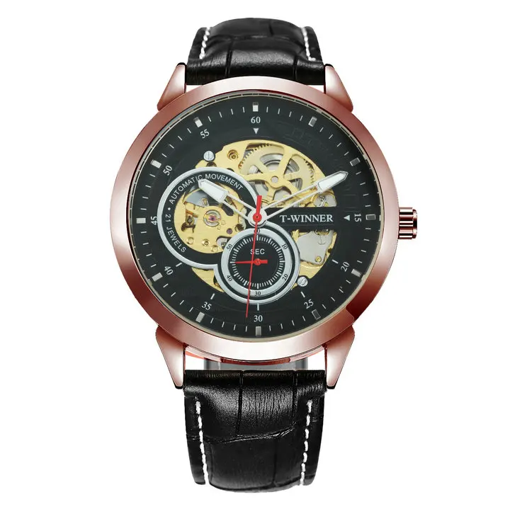 RG BLACK WINNER официальные автоматические механические часы для мужчин скелет мужские s часы лучший бренд класса люкс кожаный ремешок аналоговые наручные часы для мужчин - Цвет: RG BLACK