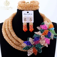 2017 trendy gold african nigerian wedding beads flowers fine jewelry set copper earrings 3 layers layered ladies necklace sets