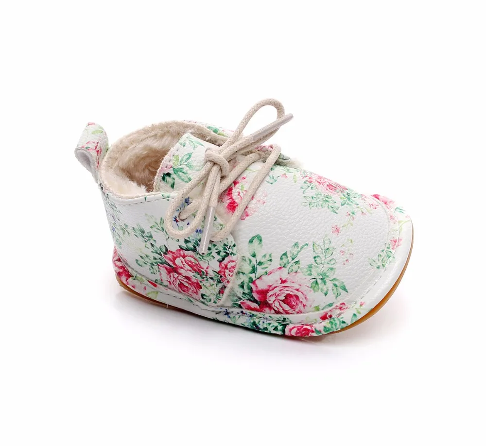 VIP Dropshiping lace up floral printing baby moccasins super warm PU leather fur winter baby shoes toddler girls boys snow boots