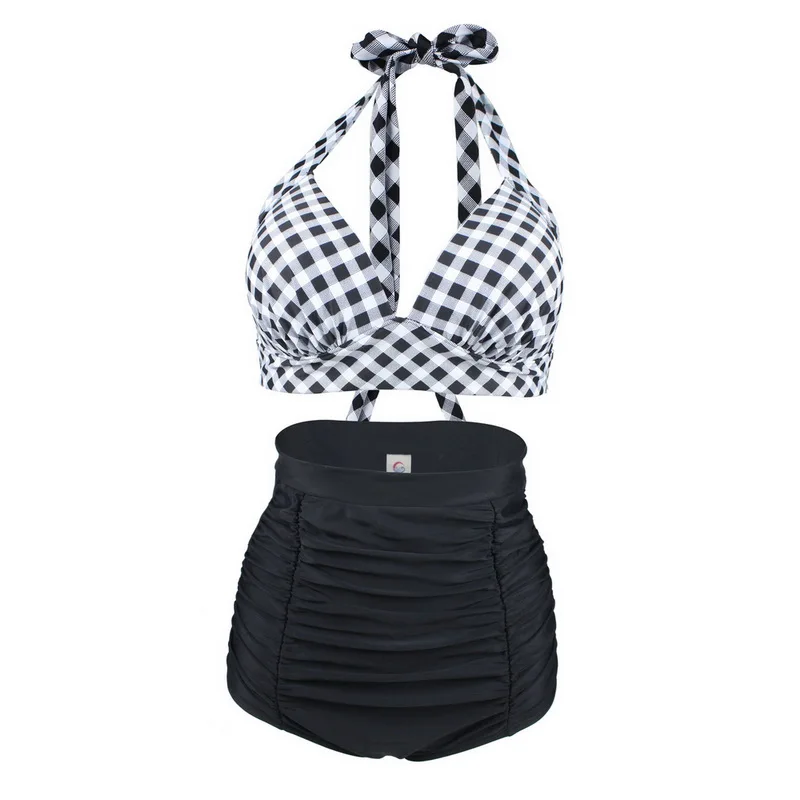 C-Bikini Set (6) Винтажный пуш-ап бикини Топ контрастный цвет клетчатый принт бикини бюстгальтер сексуальный женский бандаж из двух частей раздельный купальник синий красный черный - Цвет: C-Bikini Set (6)