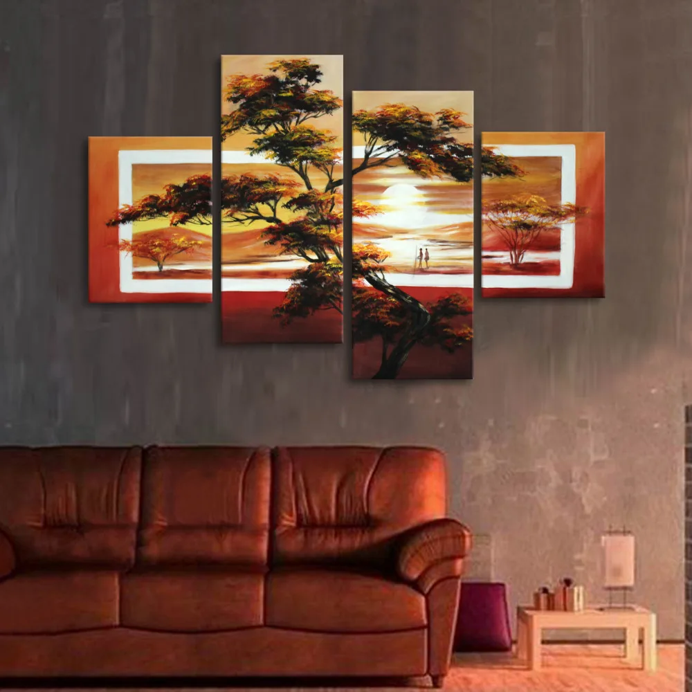Hand Painted Modern Home Decoration Group Oil Painting African Landscape 4 Piece Canvas Wall Art Free Shipping | Дом и сад