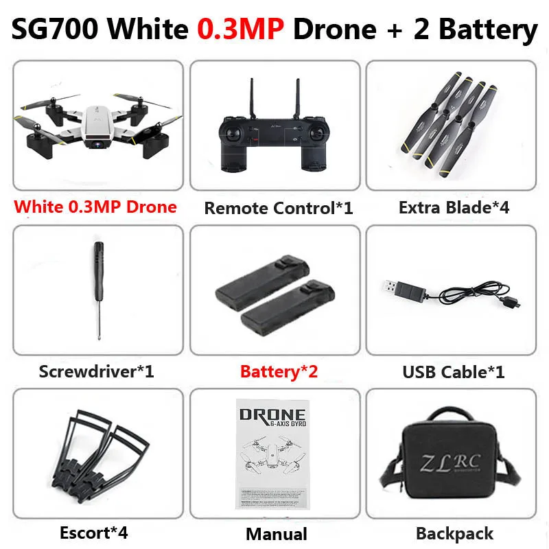 0.3MP White 2B Bag SG700 Профессиональный складной Дрон с камерой 2MP HD WiFi FPV контроль скорости удержания высоты RC Квадрокоптер Вертолет игрушка XS809 E58 - Цвет: 0.3MP White 2B Bag