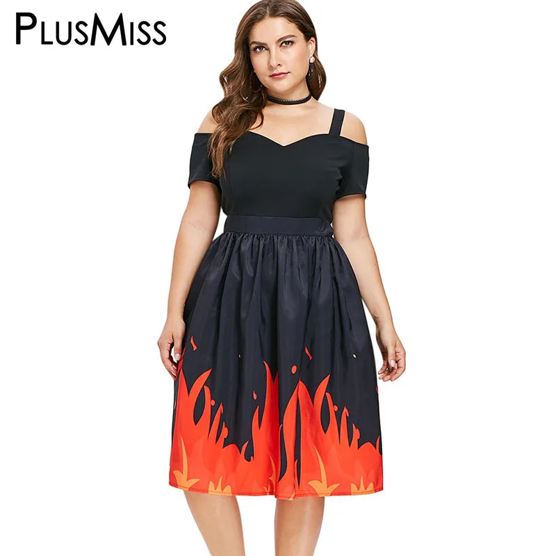 PlusMiss размера плюс 5XL L пламени печатных сексуальное платье с открытыми плечами