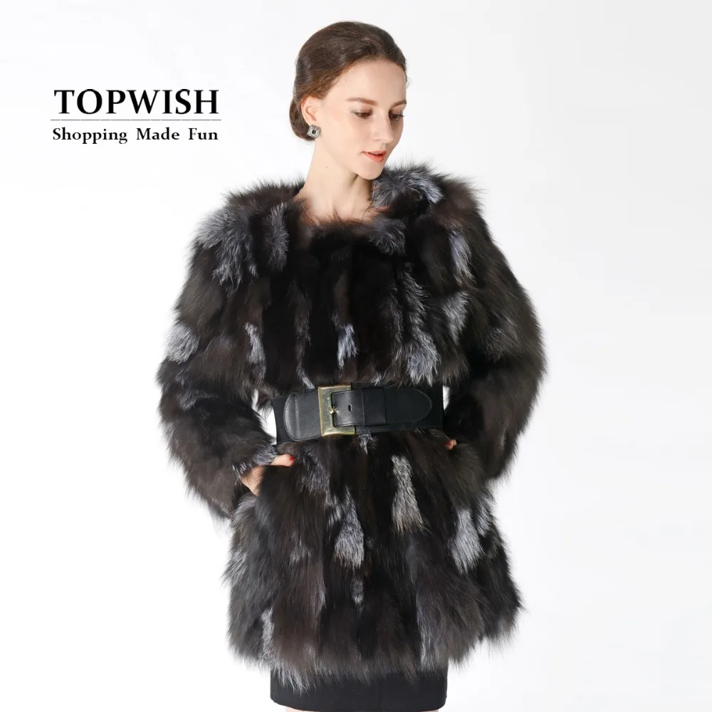 Теплое длинное пальто из натурального Лисьего меха со стразами Женская фабрика