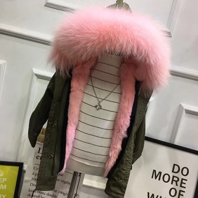 Green Pink Зимнее пальто для девочек куртки с подкладкой из кроличьего меха детская верхняя одежда для малышей Детская куртка-парка с капюшоном из меха енота для мальчиков TZ332 - Цвет: Green Pink
