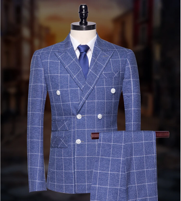 Куртка + брюки 2019 новый бренд мужские костюмы Синие Клетчатые стильные блейзеры