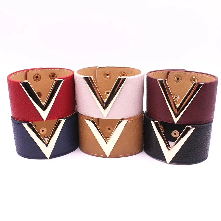 Fashion Leather personality V word charm Bracelet Simple design All Match Women Wrap Wristband trend Jewelry | Украшения и