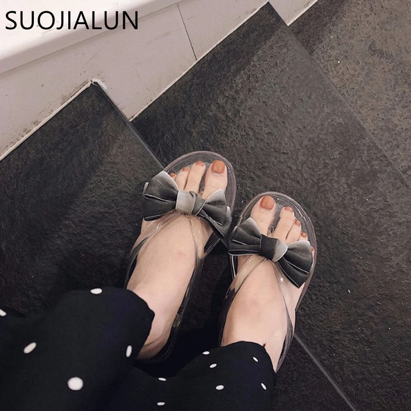 SUOJIALUN/Летняя модная женская обувь; вьетнамки на плоской подошве с бантом; Вьетнамки; уличные прозрачные сандалии; пляжные женские шлепанцы на плоской подошве