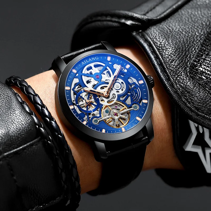 

AILANG 2019 Steampunk Black Blue Skeleton Clock Sport Men Mechanical Watches Top Brand Luxury Relogio Masculino Luminous Hands