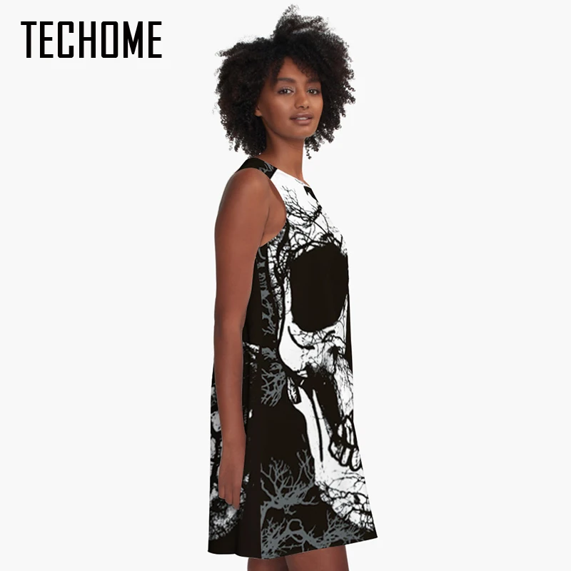 Женское винтажное платье трапеция с 3D принтом черепа свободное трикотажное