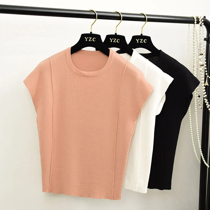 

Summer Girl O Neck Short Elegant Sexy Sleeveless Rib Knitted T-Shirt Top Solid Color Casual T-shirt