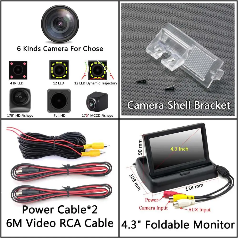 Camera 4.3 inch Fold Full HD 12LED динамическая траектория заднего вида камера для peugeot 301 308 405 508 C4 C5 3008 307 хэтчбек Citroen E-Elysee C-Quatre - Название цвета: Camera 4.3 inch Fold