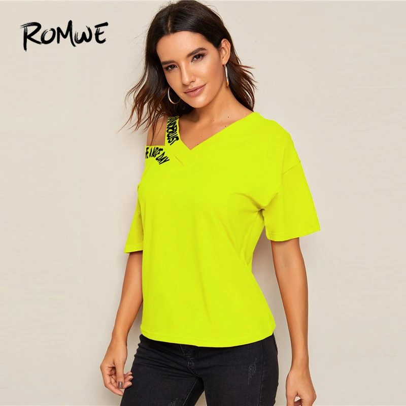 ROMWE Neon Green Lime Cut Out Shoulder Slogan Print Tee Tops Women Summer Asymmetrical Neck Half Sleeve Casual T Shirts