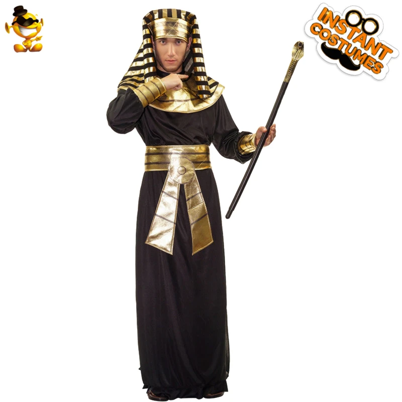 

DSPLAY Cosplay Men Costume Fashion Clothing Pharaoh Striped Hat Black Parts Robe Gold Collar Temperament Mysterious Costume