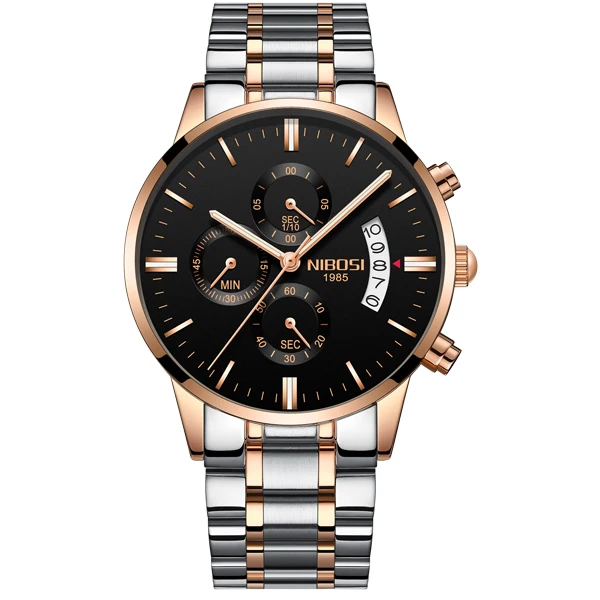 Rose Gold Black S NIBOSI Relogio Masculino A Prova d'gua Grande часы мужские роскошные брендовые полностью Стальные кварцевые часы мужские кожаные часы с хронографом - Цвет: Rose Gold Black S