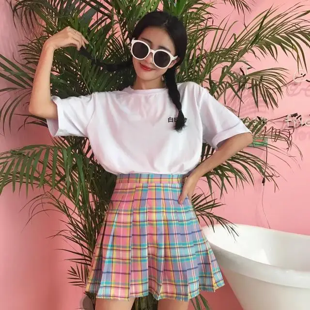 Новинка! Радужная клетчатая юбка женская Kawaii Harajuku мини плиссированная Корейская