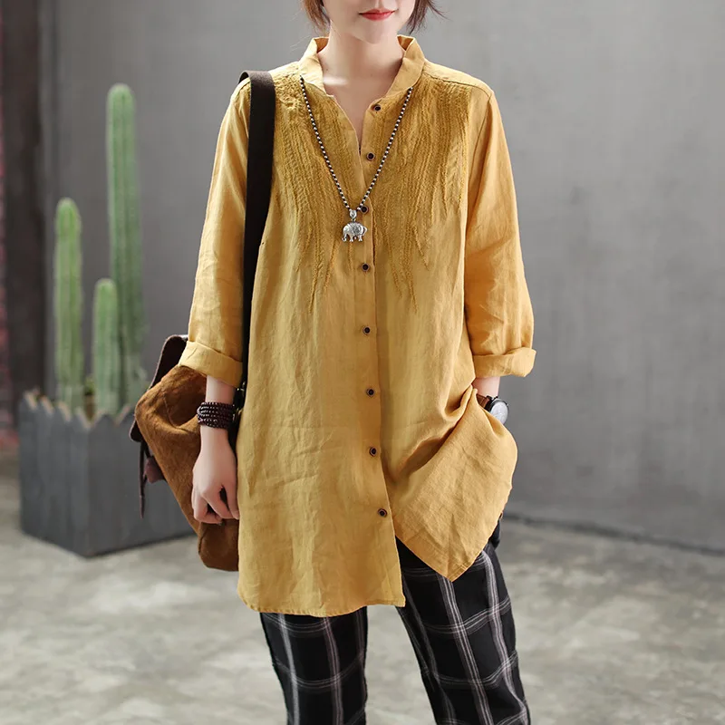 Women Linen Blouse Casual Long Sleeve Tops Tunic Vintage Embroidery Blouses Shirts Ladies Plus Size Blusas Chemisier Femme |