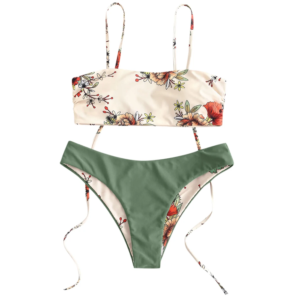 Camouflage Green ZAFUL бикини с цветочным принтом и завязками на плечах, двусторонний бикини, комплект из двух предметов, без проволоки, женская одежда для плавания, мягкий винтажный купальник - Цвет: Camouflage Green