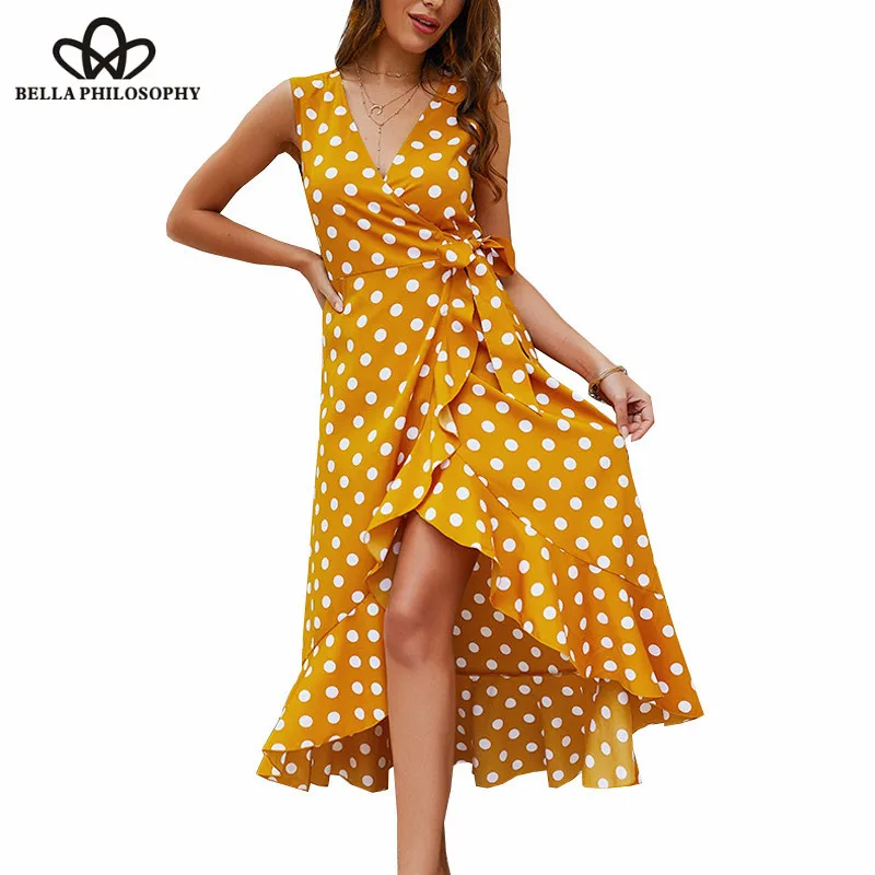 Женское винтажное платье с запахом сарафан в горошек пикантное пляжное стиле