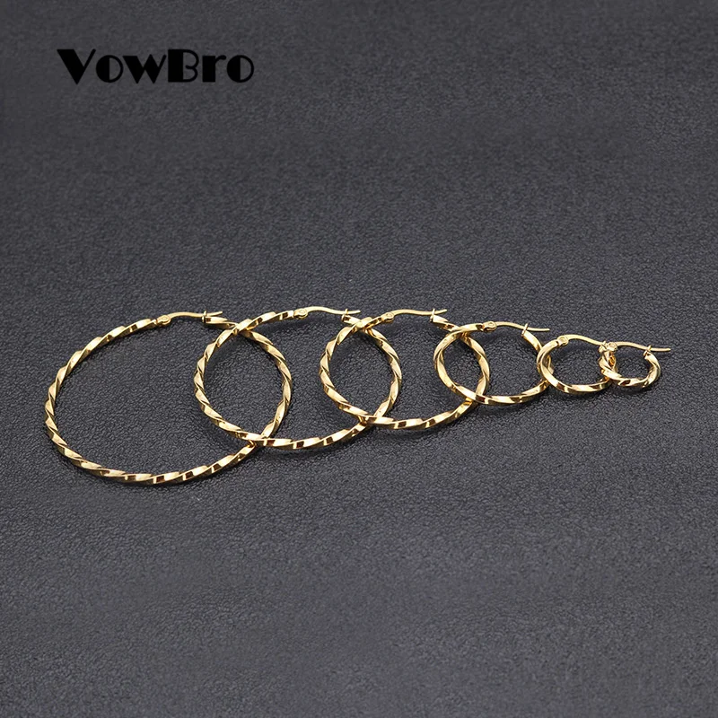 VowBro Girls Women Earrings 304 Stainless Steel Hoop Gold color Twist Round 15-60mm | Украшения и аксессуары