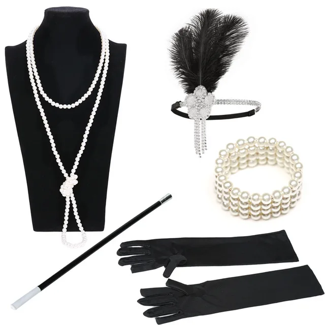 

Ladies Gatsby FLAPPER Fancy Dress Accessories 20s Charleston Costume outfit Feather Headband Pearl Necklace Gloves Cigaretter