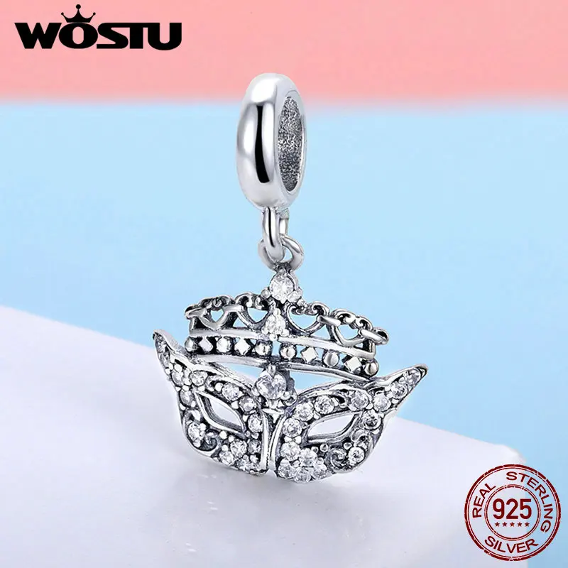 WOSTU, модный дизайн, 925 пробы, серебряная сверкающая маска, висячая подвеска, браслет из бусин, сделай сам для женщин, ювелирное изделие, FIC702