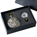 Мужские Винтажные кварцевые аналоговые карманные часы серебристого цвета в стиле панк с огнем огня дракона, подарочный набор, ожерелье, кулон для мальчика + коробка для часов