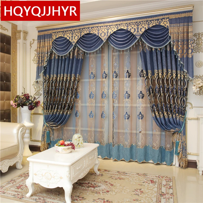 Синие Роскошные водорастворимые европейские занавески с вышивкой для гостиной