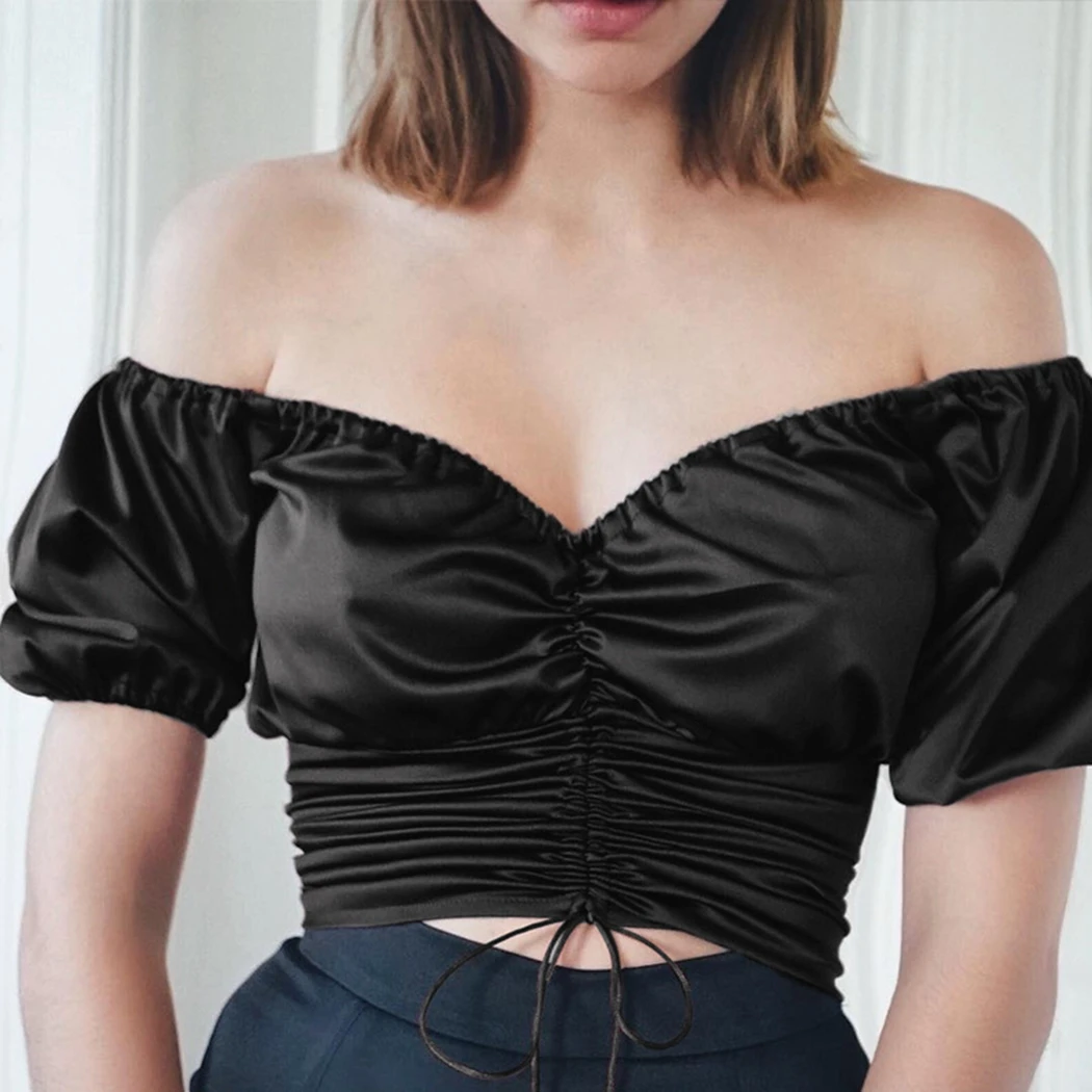 Sexy Retro Black Drawstring Crop Top Women V-Neck Off Shoulder Short Sleeve Blouses Ladies Vintage Slash Neck Bandage Shirt Tops |