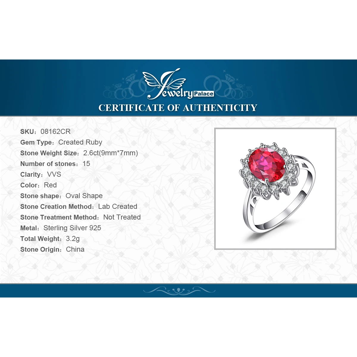 

JewPalace Princess Diana Created Red Ruby Ring 925 Sterling Silver Rings for Women Engagement Ring Silver 925 Gemstones Jewelry