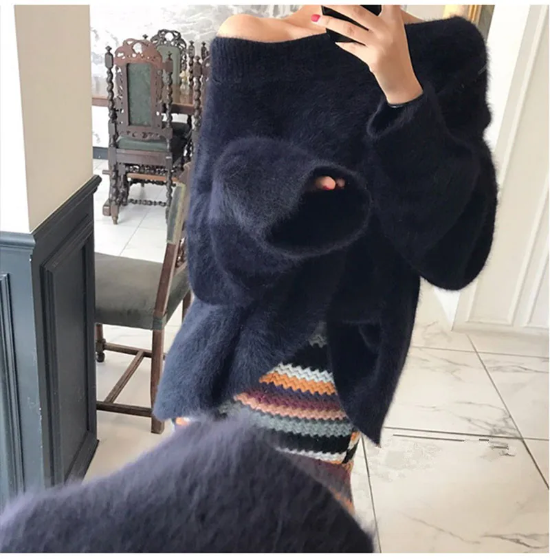 HAMALIEL Sexy Off Shoulder Women Plus Size Knitting Sweater Jumper Autumn Pink Mohair Soft Warm Ladies Casual Loose Pullover | Женская