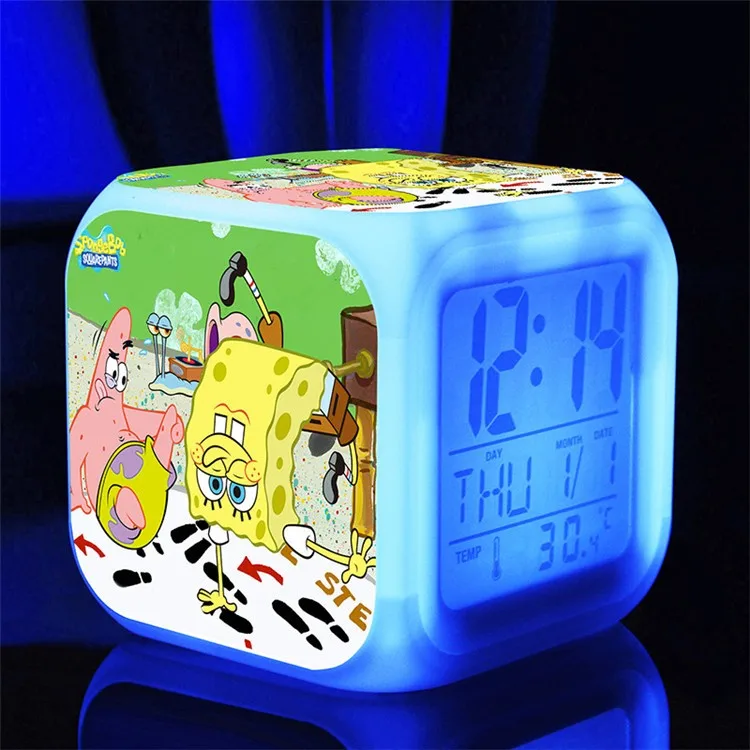 SpongeBob светодиодный Будильник 7 цветов светящийся большой экран цифровой детский будильник подарок на день рождения многофункциональные сенсорные часы